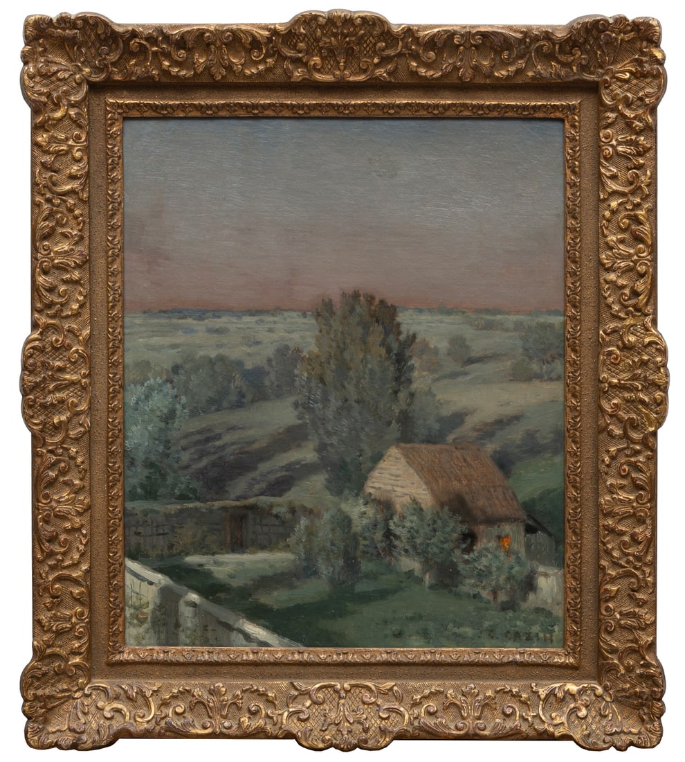 Jean Charles Cazin (French, 1841-1901): Jean Charles Cazin (French, 1841-1901), "Eventide", oil on canvas, signed lower right, "Paul Foinet Van Dyck" canvas stamp en verso, 18 1/2 in. x 15 1/4 in., framed, 23 5/8 in. x 20 7/8 in. x 2 1/2 in