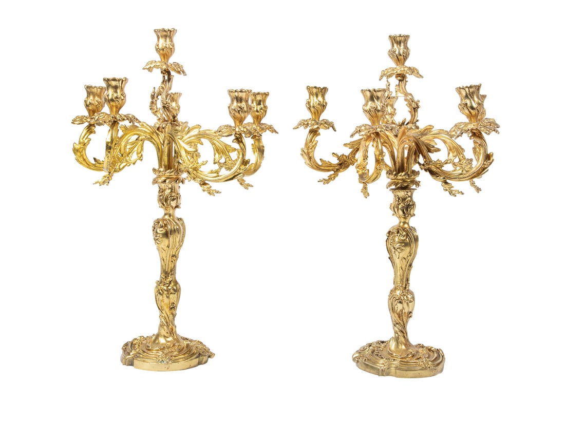 Louis XVI-Style Gilt Bronze Six-Light Candelabra: Louis XVI-Style Gilt Bronze Six-Light Candelabra, foliate arms, h. 22 1/2 in., dia. 14 in. Provenance: The Estate of Caroline P. Ireland.