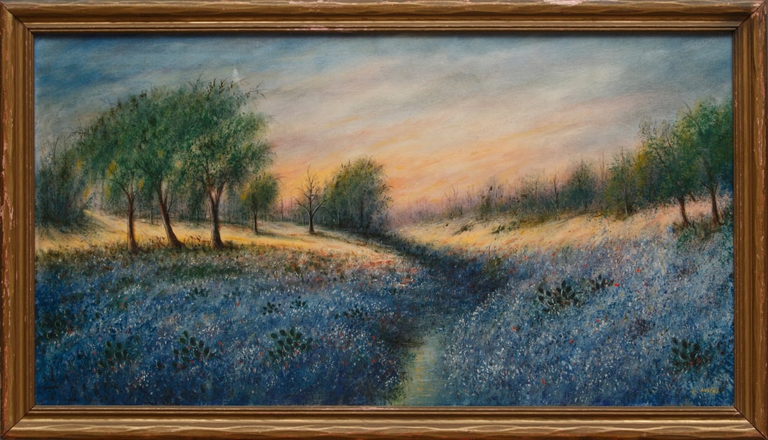 William Ousley (American/Louisiana, 1866-1953): William Ousley (American/Louisiana, 1866-1953), "Bluebonnets", 1931, oil on canvas, signed lower right, signed and dated en verso, provenance information attached to stretcher, 17 1/8 in. x 31 7/8 in.