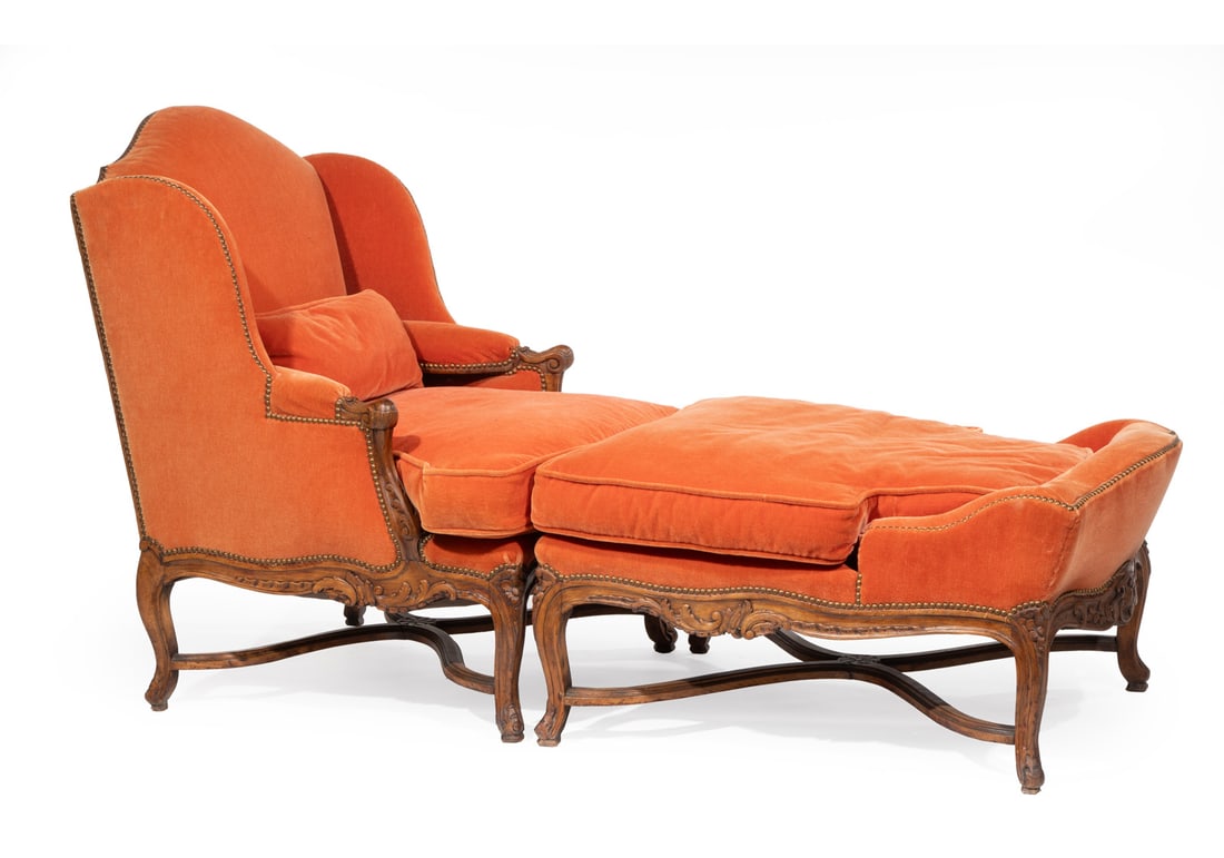 Louis XV Carved Walnut Duchesse Brisee: Louis XV Carved Walnut Duchesse Brisee, 19th c., shaped back with wings, padded arms, conforming seat, stretcher cabriole legs, back h. 43 1/2 in., w. 32 in., d. 39 in., bench h. 20 in., w. 30 1/2 in.