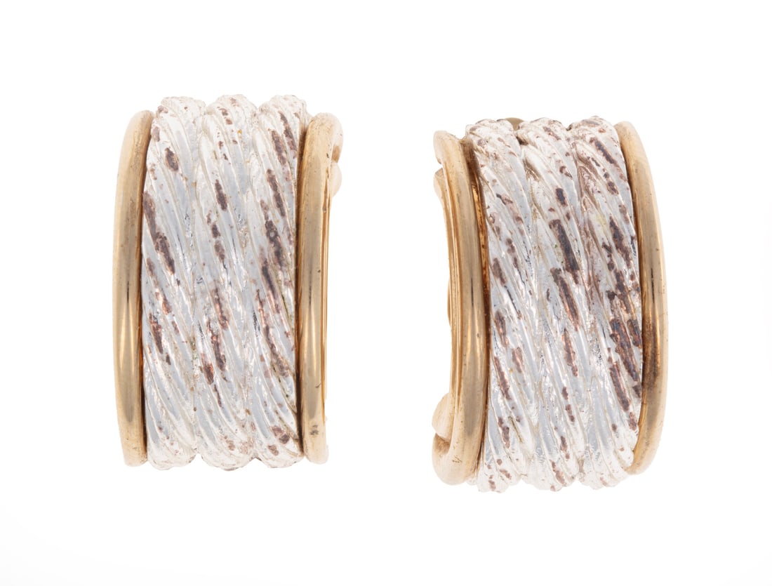 Pair of Givenchy Two Tone Gold Earrings: Pair of Givenchy Two Tone Gold Earrings, marked, clip backs, l. 1 in., 22.99 dwts.