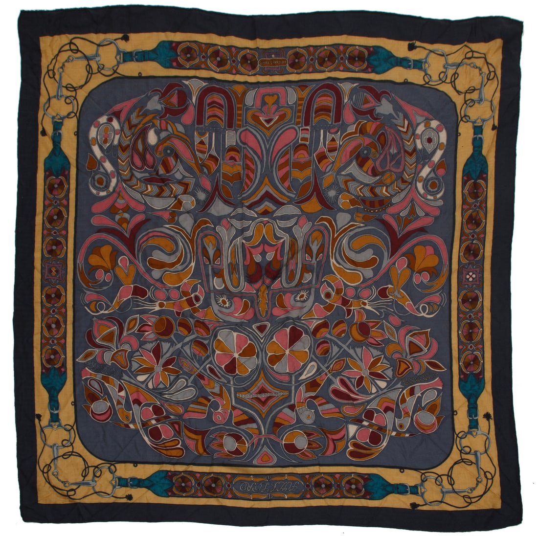 HermèsCashmere "Folklore d'Henri d'Origny" Scarf: Hermès Cashmere "Folklore d'Henri d'Origny" Scarf, l. 51 in., w. 51 in. Condition: Excellent