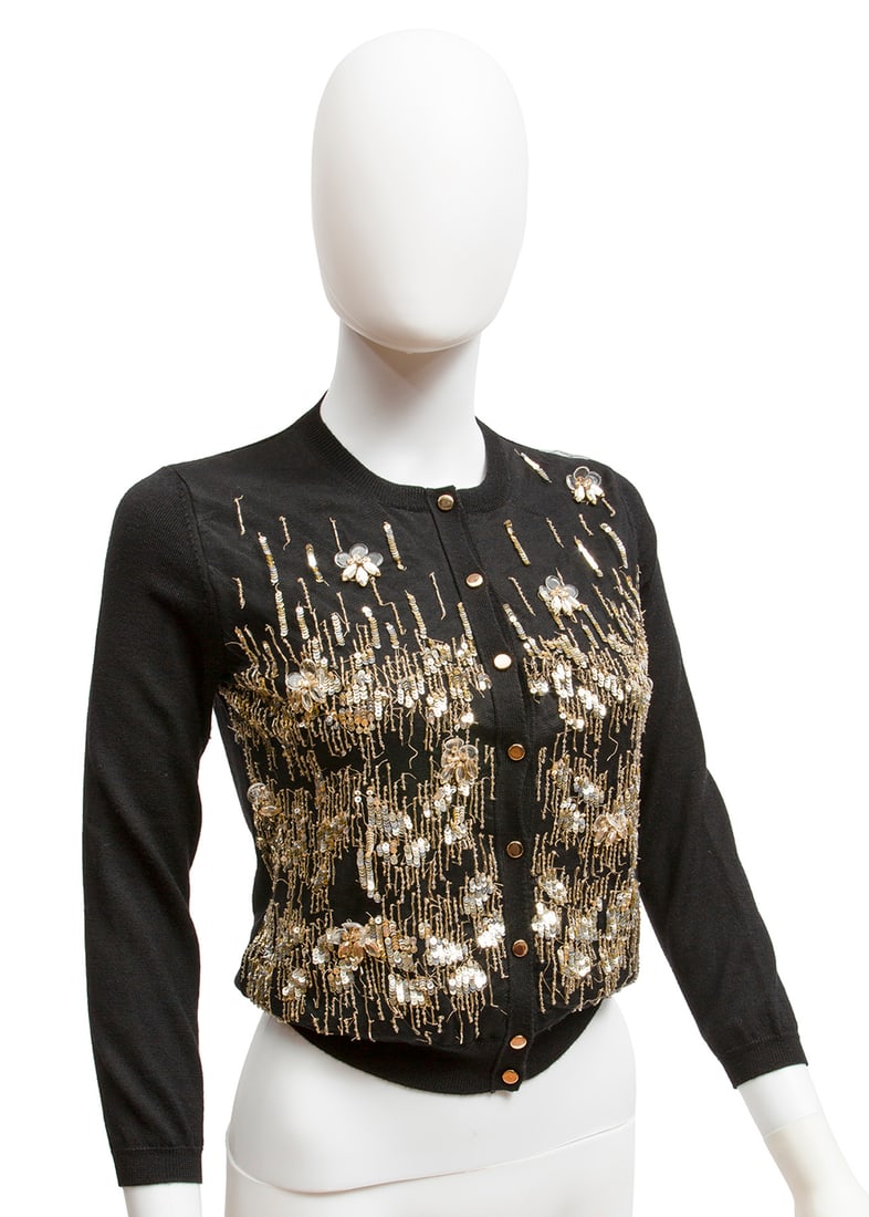 Group of Designer Eveningwear: Group of Designer Eveningwear, incl. Azzaro Paris black knit dress, crystal buttons at sleeve, no size; Oscar de la Renta sequin embellished black cashmere cardigan, size small; Herve Leger silver ban