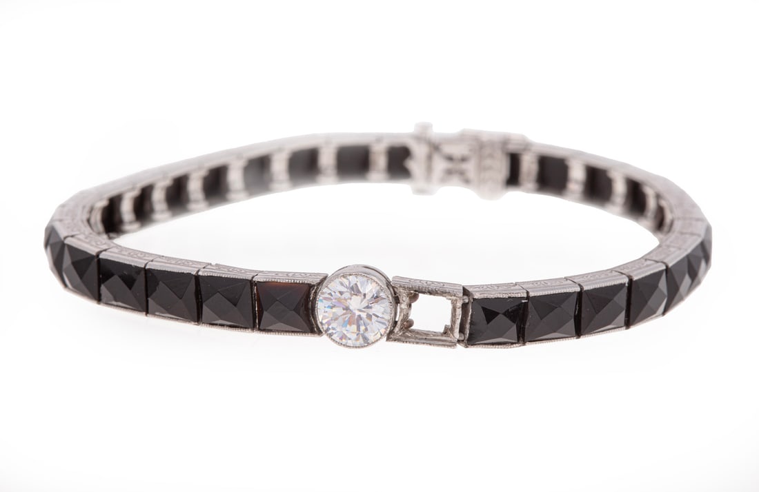 Art Deco Platinum and Faceted Onyx Line Bracelet (1 of 4)
