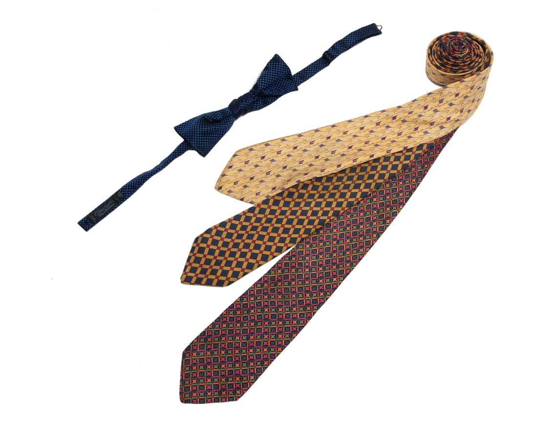Christian Dior, Brioni, Ferragamo Men's Ties: Christian Dior, Brioni and Salvatore Ferragamo Men's Ties, all labeled, various patterns, l. 58 1/2 in. up to 60 1/2 in.; together with a Charvet silk bow tie, l. 35 in. (3 pcs.) Condition: Very Good