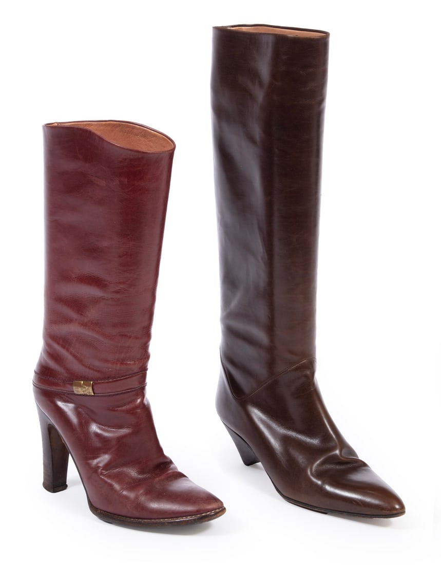 Two Pairs of Designer Leather Boots: Two Pairs of Designer Leather Boots, incl. Chloe brown boots, size 37; and Joan & David boots, size 7 1/2 N. Condition: Very good.