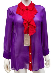 Gucci 2016 Resort Silk Georgettte Blouse: Gucci 2016 Resort Purple and Fuchsia Silk Georgette Blouse, 2016, Look 7, logo pearl buttons, ruffle at collar, labeled "GUCCI" and "Made in Italy", size 44. Note: Includes original tags; original ret