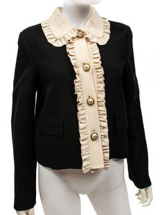 Gucci Silk Wool Crepe Black and White Jacket: Gucci Silk Wool Crepe Black and White Jacket, c. 2017, pearl logo buttons, ruffle collar and trim, labeled "GUCCI" and "Made in Italy", size 44. Condition: Excellent