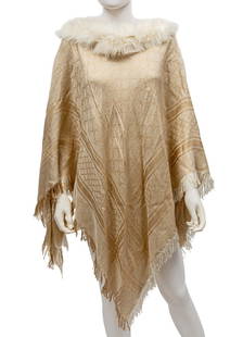 Gucci Ivory Fox Fur Trimmed GG Print Poncho: Gucci Ivory Fox Fur Trimmed GG Print Poncho, labeled "GUCCI" and "Made in Italy, fringe trim, approx. l. 45 in., w. 49 in. Condition: Excellent