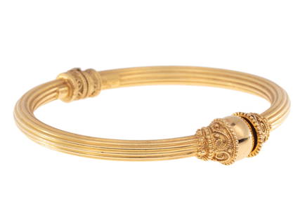 Ilias Lalaounis 18 kt. Gold Bangle Bracelet: Ilias Lalaounis (1920-2013) 18 kt. Yellow Gold Bangle Bracelet, signed, marked "MECAN", "Greece" and "18 kt.", spring closure, inner cir. 6 1/4 in., 13.00 dwts.