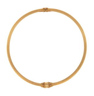 Ilias Lalaounis 18 kt. Gold Choker Necklace: Ilias Lalaounis (1920-2013) 18 kt. Yellow Gold Choker Necklace, signed, marked "MECAN", "Greece" and "18 kt.", with spring closure, inner circ. 15. in., 22.50 dwts.