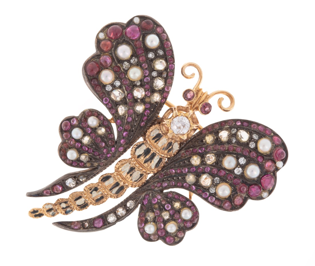 French Gold, Ruby Diamond, Pearl Butterlfy Brooch (1 of 2)