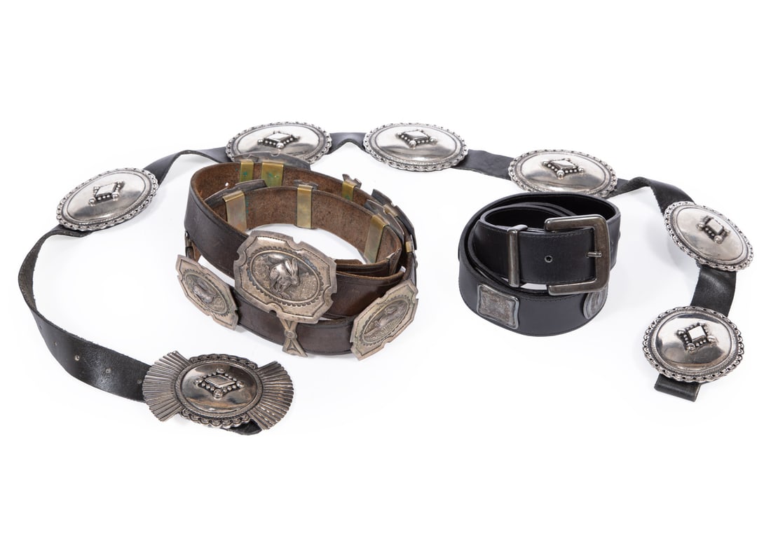Western Hammered and Punched Sterlng Concho Belts: Group of Three Western Hammered and Punched Sterling Silver Concho Belts, incl. "Running Rabbit" belt, inscribed "Kit Carsen Santa Fe, New Mexico, 1984", butterfly dividers, l. 42 in.; Avignon leather