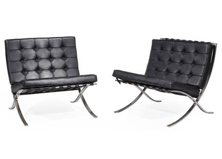 Ludwig Mies van der Rohe for Knoll Chairs: Pair of Ludwig Mies van der Rohe for Knoll "Barcelona" Chairs, 1972, Knoll International, USA, designed 1929, h. 29 1/2 in., w. 30 in., d. 29 1/2 in.