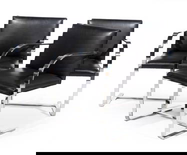 Six Mies van der Rohe for Knoll "Brno" Chairs: Six Mies van der Rohe for Knoll "Brno" Chairs, c. 2005, labeled, flat-bar chromed steel and leather, h. 32 in., w. 23 in., d. 22 in.