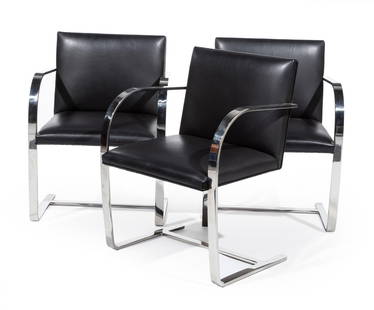 Six Mies van der Rohe for Knoll "Brno" Chairs: Six Mies van der Rohe for Knoll "Brno" Chairs, c. 2005, labeled, flat-bar chromed steel and leather, h. 32 in., w. 23 in., d. 22 in.