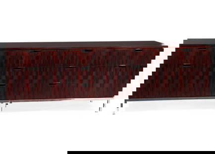 Florence Knoll Cabinet: Florence Knoll Cabinet, 1960s, rosewood, bookmatched grain, ten drawers, original pulls, oak interior, polished steel frame,, h. 25 in., w. 74 1/2 in., d. 18 in. Provenance: Treadway Toomey, Oak Park,