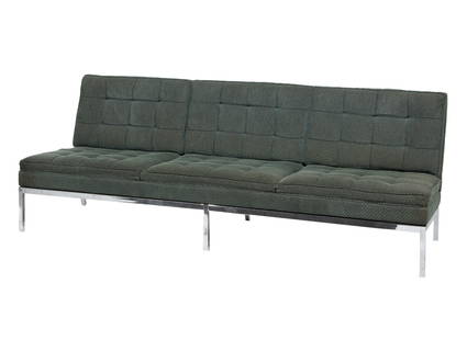 Florence Knoll for Knoll Asssoc. Three-Seat Sofa: Vintage Florence Knoll (American, 1917-2019) for Knoll Associates Upholstery and Chrome-Plated Steel Armless Three-Seat Sofa, designed c. 1954, model 67, square tubular steel base and legs, attached