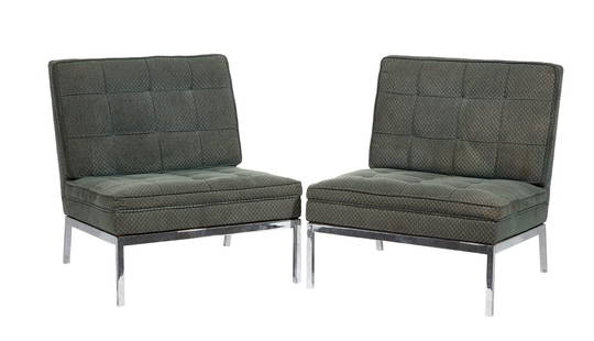 Pair Florence Knoll for Knoll Assoc.Lounge Chairs: Pair of Vintage Florence Knoll (American, 1917-2019) for Knoll Associates Upholstery and Chrome-Plated Steel Armless "Slipper" Lounge Chairs, designed c. 1954, model 65, square tubular steel base and