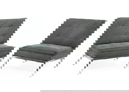 Pair Florence Knoll for Knoll Assoc.Lounge Chairs: Pair of Vintage Florence Knoll (American, 1917-2019) for Knoll Associates Upholstery and Chrome-Plated Steel Armless "Slipper" Lounge Chairs, designed c. 1954, model 65, square tubular steel base and