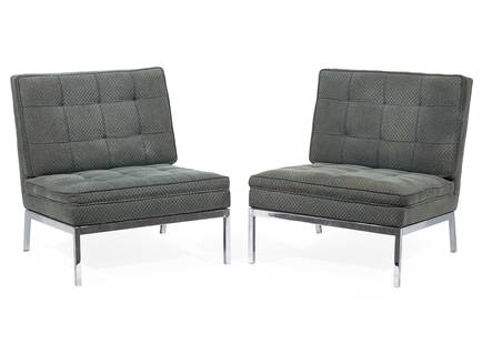 Pair Florence Knoll for Knoll Assoc.Lounge Chairs: Pair of Vintage Florence Knoll (American, 1917-2019) for Knoll Associates Upholstery and Chrome-Plated Steel Armless "Slipper" Lounge Chairs, designed c. 1954, model 65, square tubular steel base and