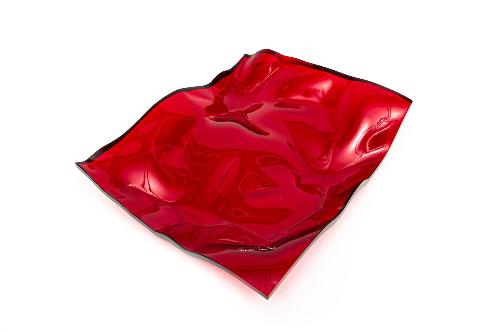 Verner Panton for Dansk Red Acrylic Fruit Bowl: Verner Panton for Dansk Red Acrylic Fruit Bowl, 1990s, signed, h. 4 1/4 in., w. 18 in., d. 15 in.; together with another acrylic bowl, h. 8 1/2 in., w. 14 in., d. 14 in. (2 pcs.) Provenance: Estate of