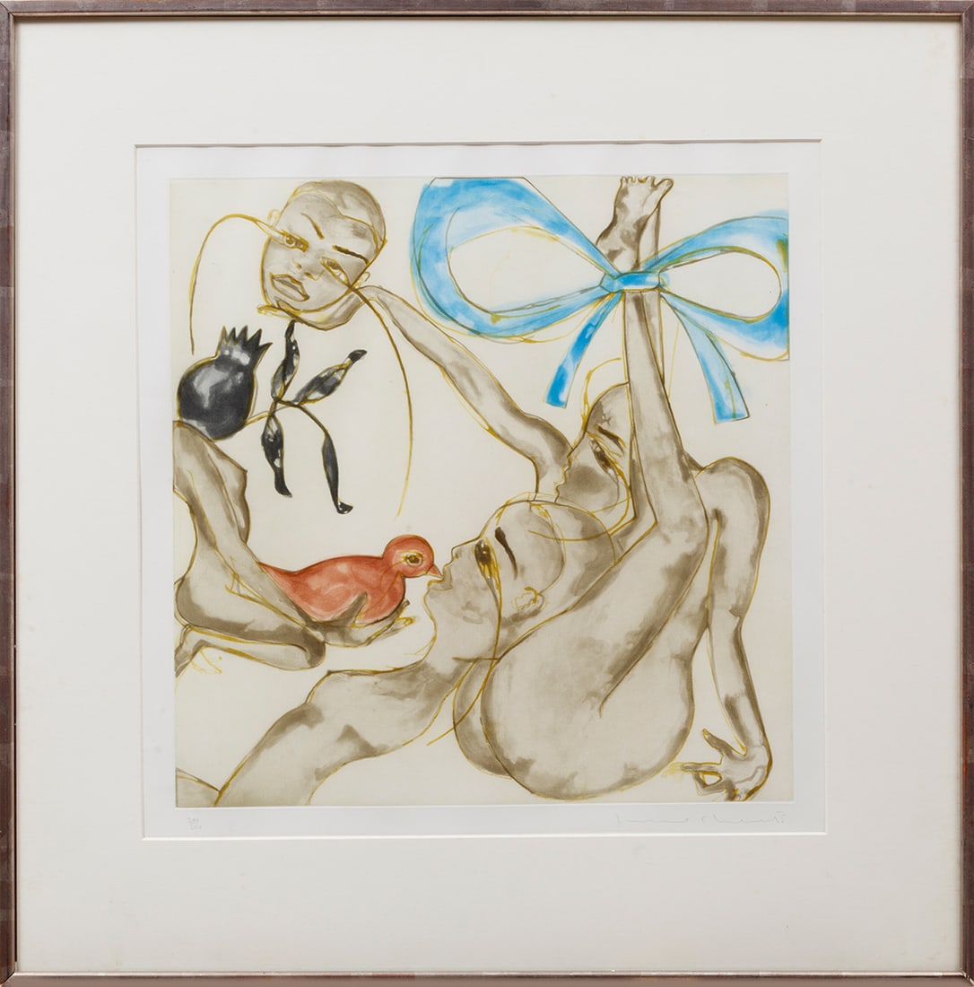 Francesco Clemente (Italian, b. 1952): Francesco Clemente (Italian, b. 1952), "Yellow, Red or Blue", color aquatint, pencil-signed and numbered "200/250" lower margin, sight 19 1/2 in. x 19 1/4 in., framed, overall 30 5/8 in. x 30 3/8 in.