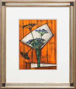 Bernard Buffet (French, 1928-1999): Bernard Buffet (French, 1928-1999), "Les Ombelles", lithograph, signed lower right, titled en verso, sheet 12 3/4 in. x 9 3/4 in., framed, overall 21 7/8 in. x 18 7/8 in. x 1 1/8 in.