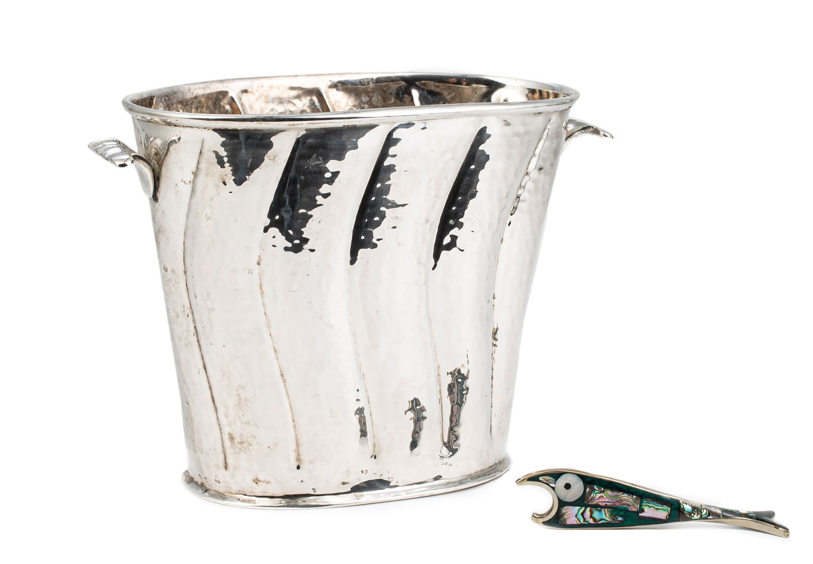 Italian Hammered Silverplate Wine Cooler: Italian Hammered Silverplate Wine Cooler, late 20th c., oval with scroll handles, h. 7 7/8 in., w. 11 in., d. 5 3/4 in.; together with an alpaca and mother-of-pearl and abalone inlaid bottle opener, l