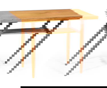 George Nakashima End Table: George Nakashima End Table, 1963, cherry, hickory, rosewood, spindle shelf, signed with clien name "SEAY" to underside, h. 21 1/4 in., w. 27 3/4 in., d. 17 3/4 in. Provenance: Rago Auction, March 3, 2
