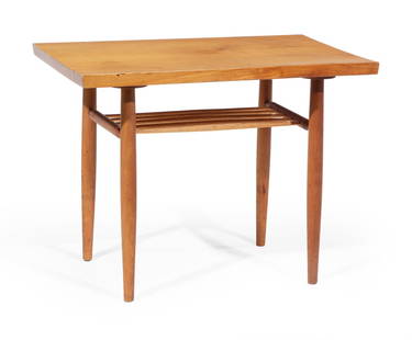 George Nakashima End Table: George Nakashima End Table, 1963, cherry, hickory, rosewood, spindle shelf, signed with clien name "SEAY" to underside, h. 21 1/4 in., w. 27 3/4 in., d. 17 3/4 in. Provenance: Rago Auction, March 3, 2