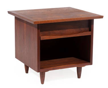 Nakashima for Widdicomb Walnut Nightstand: George Nakashima for Widdicomb Walnut "Origins" Nightstand, 1963, model 215, Grand Rapids, MI, branded mark, stamped date, cloth label, h. 20 in., w. 22 in., d. 20 in. Toomey & Co., Chicago, IL, Apr.
