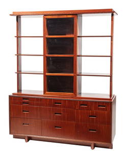 Frank Lloyd Wright - Heritage Henredon Breakfront: Frank Lloyd Wright for Heritage Henredon Mahogany Breakfront, 1950s, Morganton, NC, stamped, "No. 2000", h. 78 in., w. 61 1/2 in., d. 20 in. Provenance: Rago Auction, Lambertville, NJ, Mar. 3, 2013, l