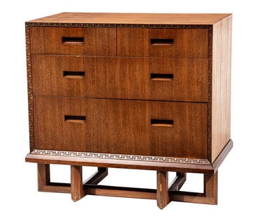 Frank Lloyd Wright - Heritage Henredon Chest: Frank Lloyd Wright for Heritage Henredon Mahogany Chest of Drawers, 1950s, Morganton, NC, signed with red monogram, carved with Taliesin design, h. 32 3/4 in., w. 33 1/2 in., d. 20 in. Provenance: Too