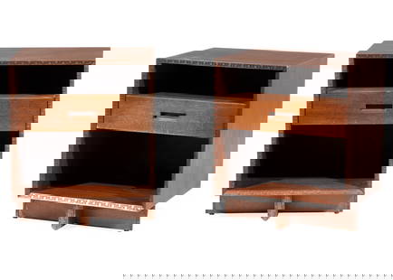 Frank Lloyd Wright - Heritage Henredon Nightstands: Pair of Frank Lloyd Wright for Heritage Henredon Mahogany Nightstands, 1950s, marked, single drawers with recessed handles, Taliesin carved design to edges, h. 25 1/2 in., w. 21 in., d. 18 in. Provena