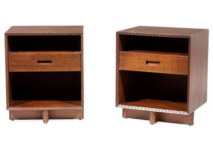 Frank Lloyd Wright - Heritage Henredon Nightstands: Pair of Frank Lloyd Wright for Heritage Henredon Mahogany Nightstands, 1950s, marked, single drawers with recessed handles, Taliesin carved design to edges, h. 25 1/2 in., w. 21 in., d. 18 in. Provena