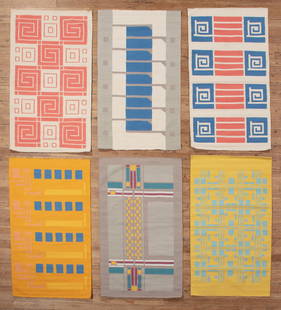 Six Frank Lloyd Wright-Style "Usonian" Rugs: Six Frank Lloyd Wright-Style "Usonian" Rugs, 21st c., Classic Rug Collection, hand-loomed cotton, India, incl. "Usonian", "Boynton", Coonley Blocks", "Pettit", "Community", and "Whirling Arrow", each