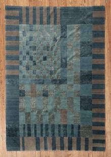 Contemporary Tufenkian Tibetan Wool Carpet: Contemporary Tufenkian Tibetan Wool Carpet, geometric design in blue, grey, and brown, 5 ft. 9 in. x 8 ft. 3 in.