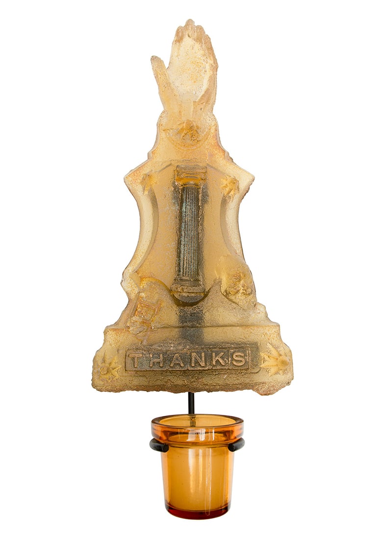 Mitchell Gaudet (American/Louisiana, b. 1962): Mitchell Gaudet (American/Louisiana, b. 1962), "Thanks Votive Holder", glass and mixed media, approx. h. 12 in.