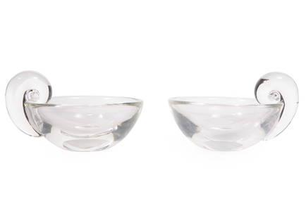 Pair of Steuben Glass "Snail-Scroll" Olive Dishes: Pair of Steuben Glass "Snail-Scroll" Olive Dishes, etched marks, model #7857, designed 1939 by John Dreves, h. 3 ½ in., w. 6 ion., d. 5 1/8 in.