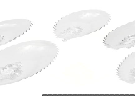 Three Steuben Glass Large Low-Footed Bowls: Three Steuben Glass Large Low-Footed Bowls, 2 with etched marks, model #7909, designed 1942 by John Dreves, h. 4 in., dia. 10 3/4 in. to 10 7/8 in.