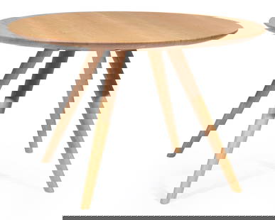Sori Yanagi for Hida Sangyo Table and Chairs: Sori Yanagi for Hida Sangyo White Oak Dining Table and Four Chairs, c. 2022, Gifu, Japan, after the designs by Sori Yanagi (1915-2011), North American white oak, with oil finish, branded marks, table