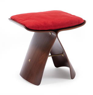 Sori Yanagi for Vitra Butterfly Stool: Sori Yanagi for Vitra Butterfly Stool, 2002, designed 1954, walnut veneer, brass hardware, with new cushion by Tendo, h. 15 1/4 in., w. 17 in., d. 12 1/4 in.; together with a Yanagi Elephant stool by