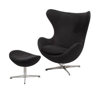 Arne Jacobsen for Fritz Hansen Egg Chair, Ottoman: Arne Jacobsen for Fritz Hansen Egg Chair and Ottoman, 1981, designed 1958, model number 3316 and 3127, aluminum, chrome-plated steel, upholstery, chair marked "FH" and "Made in Denmark", dated label t