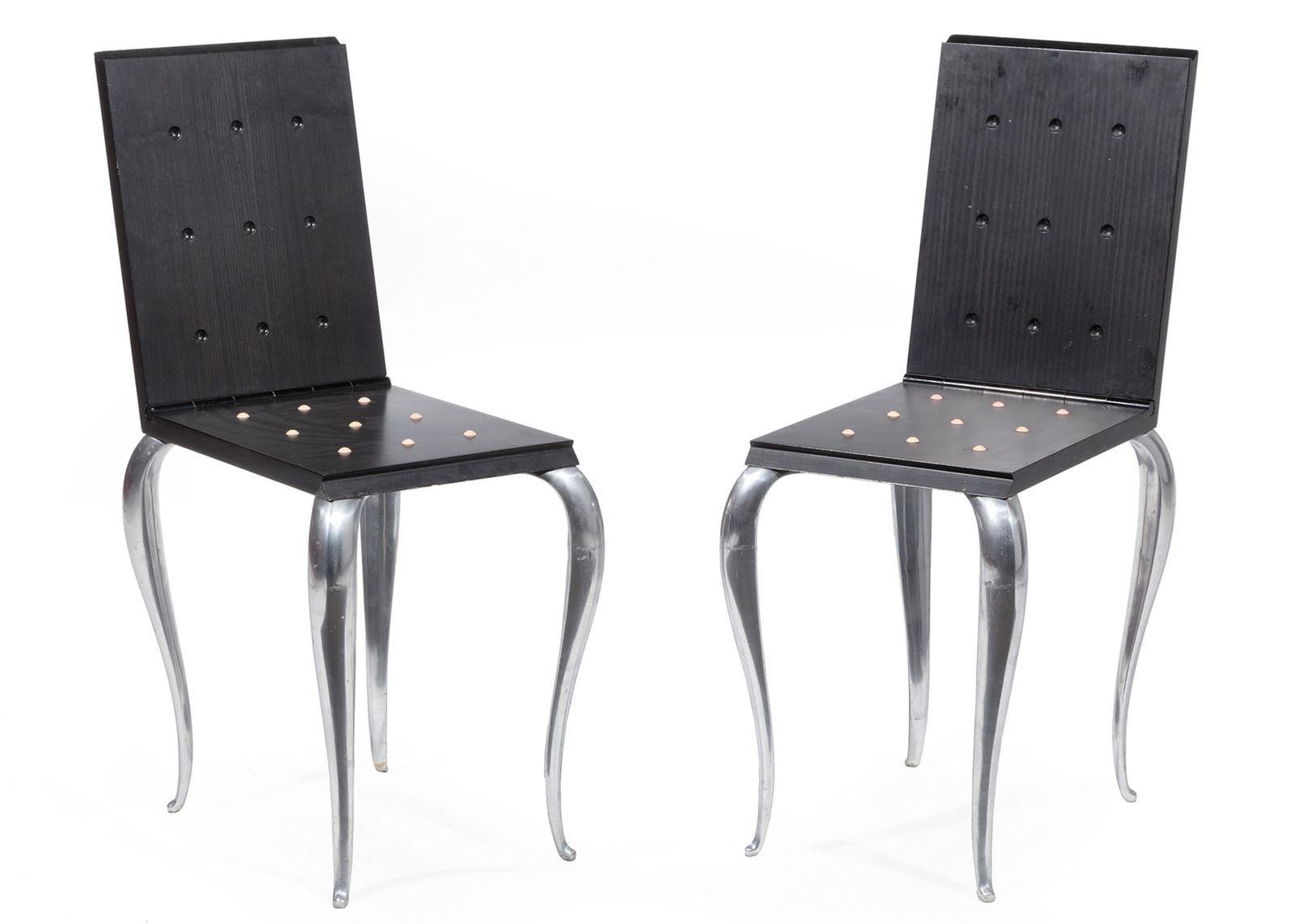 Philippe Starck for Driade "Lola Mundo" Chairs: Pair of Philippe Starck for Driade "Lola Mundo" Chairs, 1980s, France, mahogany, cast aluminum, folding backrest converts chair to table, h. (closed) 19 in., h. (open) 33 1/2 in., w. 12 in., d. 16 1/2