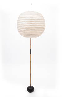 Isamu Noguchi Akari Light Sculpture Floor Lamp: Isamu Noguchi Akari Light Sculpture Floor Lamp, 1990s, Ozeki & Co, Ltd., Japan, designed 1951, model BB3-55DD, washi paper, bamboo, enameled cast-iron, shade stamped with Sun and Moon ideogram, Japan,