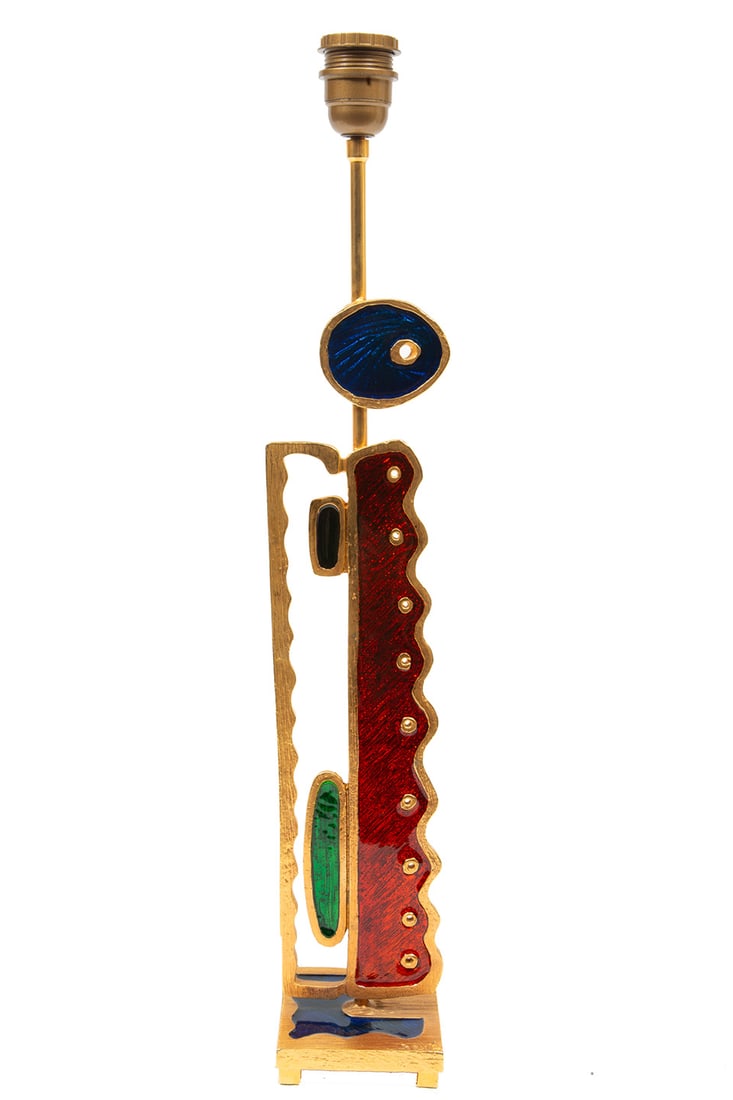 Fondica Gilt Bronze and Enamel Table Lamp: Fondica Gilt Bronze and Enamel Table Lamp, 2004, Fondica Foundry, Paris, impressed marks, signed by designer "Boye", h. (to socket) 24 in. Provenance: Rago Auction, NJ, March 2, 2014, lot 765; Estate 