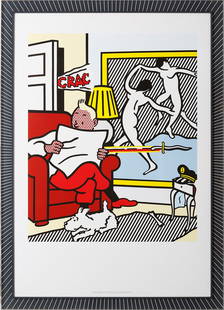 Roy Lichtenstein (American, 1923-1997): Roy Lichtenstein (American, 1923-1997), "Tintin Reading", 1995, offset lithograph, unsigned, published by Plaizier, Brussels, printed by Carto, Brussels, 29 in. x 23 1/4 in., framed, overall 42 3/4 in