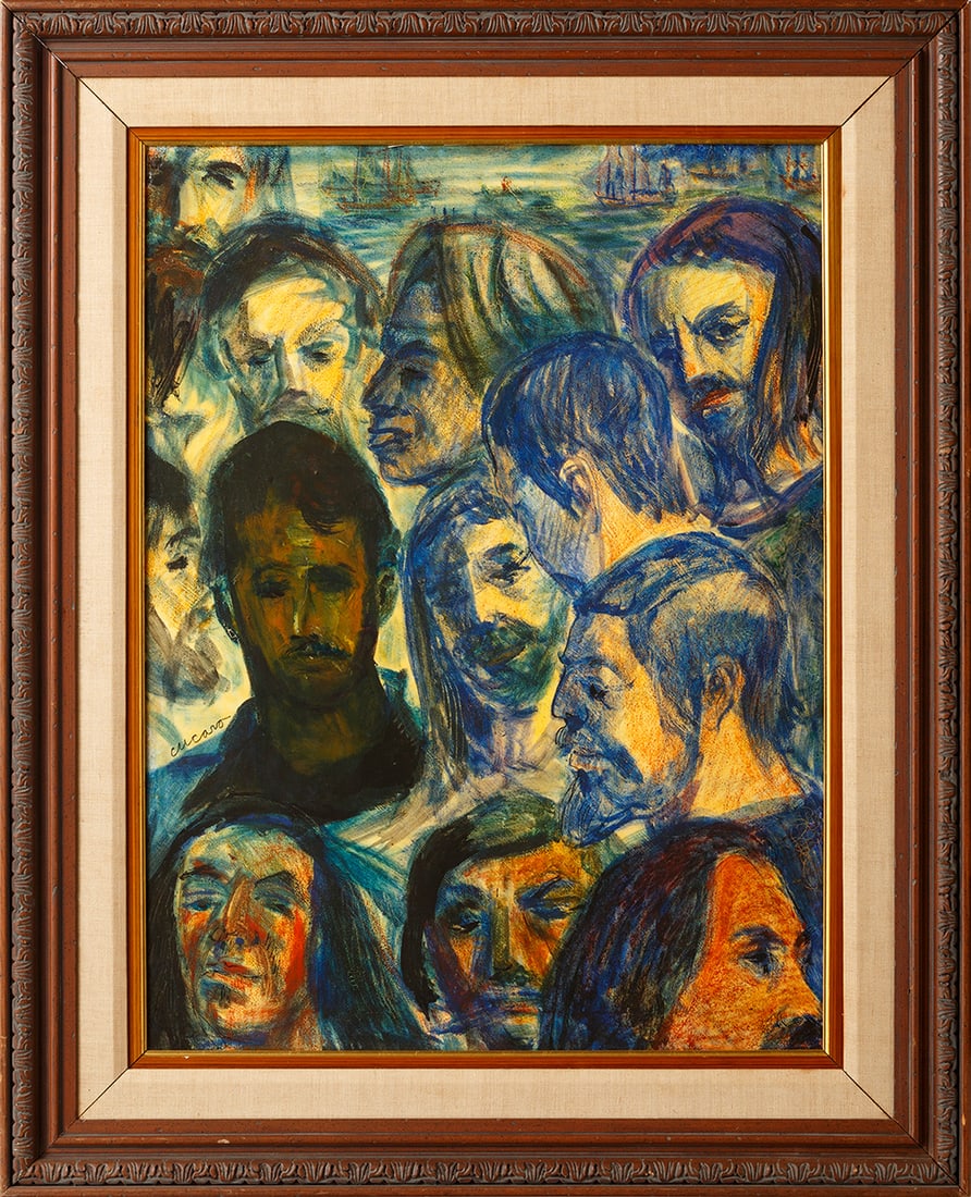 Pascal Cucaro (American/Ohio, 1915-2004): Pascal Cucaro (American/Ohio, 1915-2004), "Multiple Portraits", c. 1980, oil wash on canvas, signed mid-left, "Corey Gallery, San Francisco" label on stretcher, 32 in. x 24 in., framed, overall 41 in.