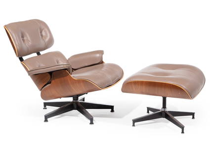 Charles & Ray Eames - Herman Miller Chair/Ottoman: Charles and Ray Eames for Herman Miller 50th Anniversary Edition Lounge Chair and Ottoman, 2006, with label and special tag, leather, walnut, enamel and chrome steel, chair h. 31 in., w. 33 in., d. 35